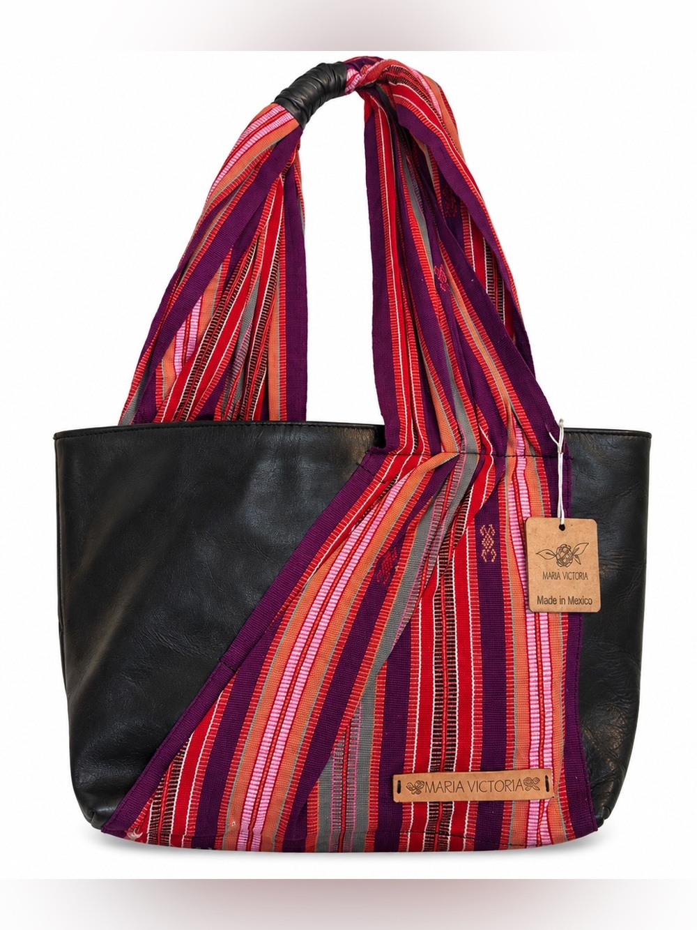 Maria Victoria Boho Leather Striped Shoulder Bag With Black/Multicolor Tassel